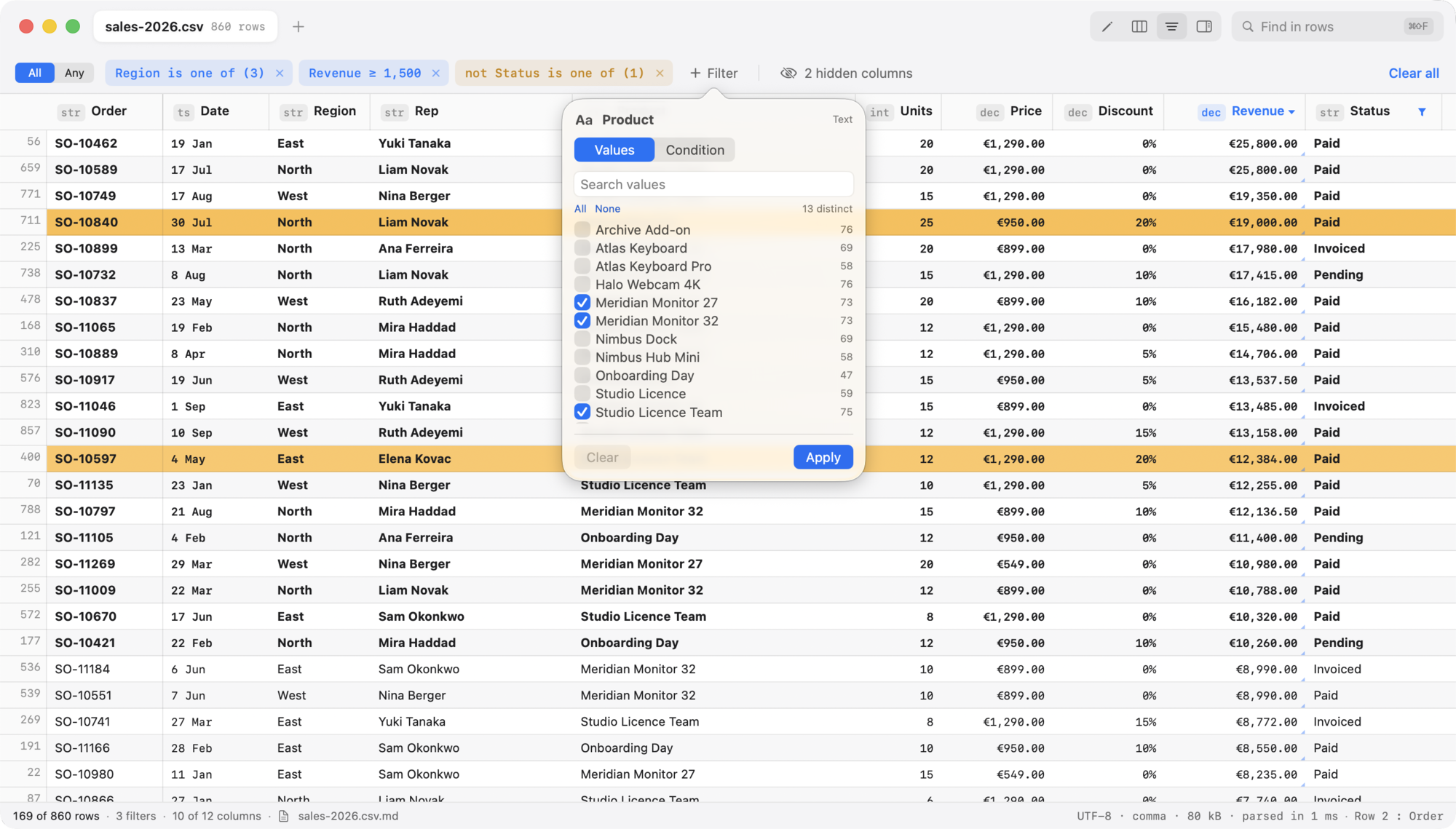 Three filter chips with an All/Any switch, a descending sort on Revenue, and a column filter popover listing distinct product values with a count beside each.