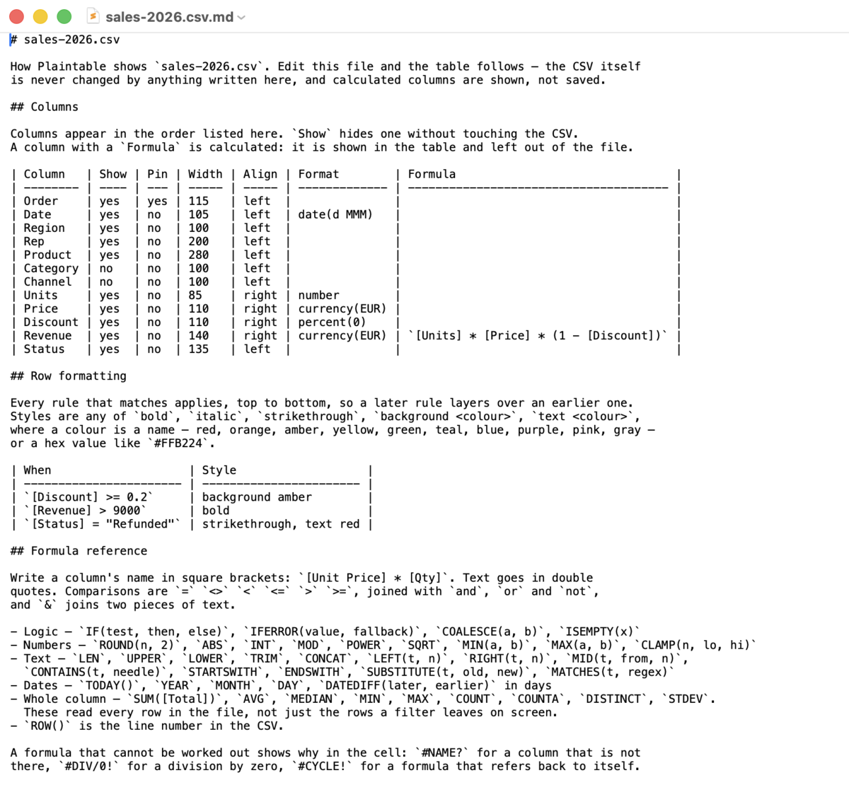 sales-2026.csv.md open in TextEdit, showing the Columns table and the Row formatting table that produced the view.